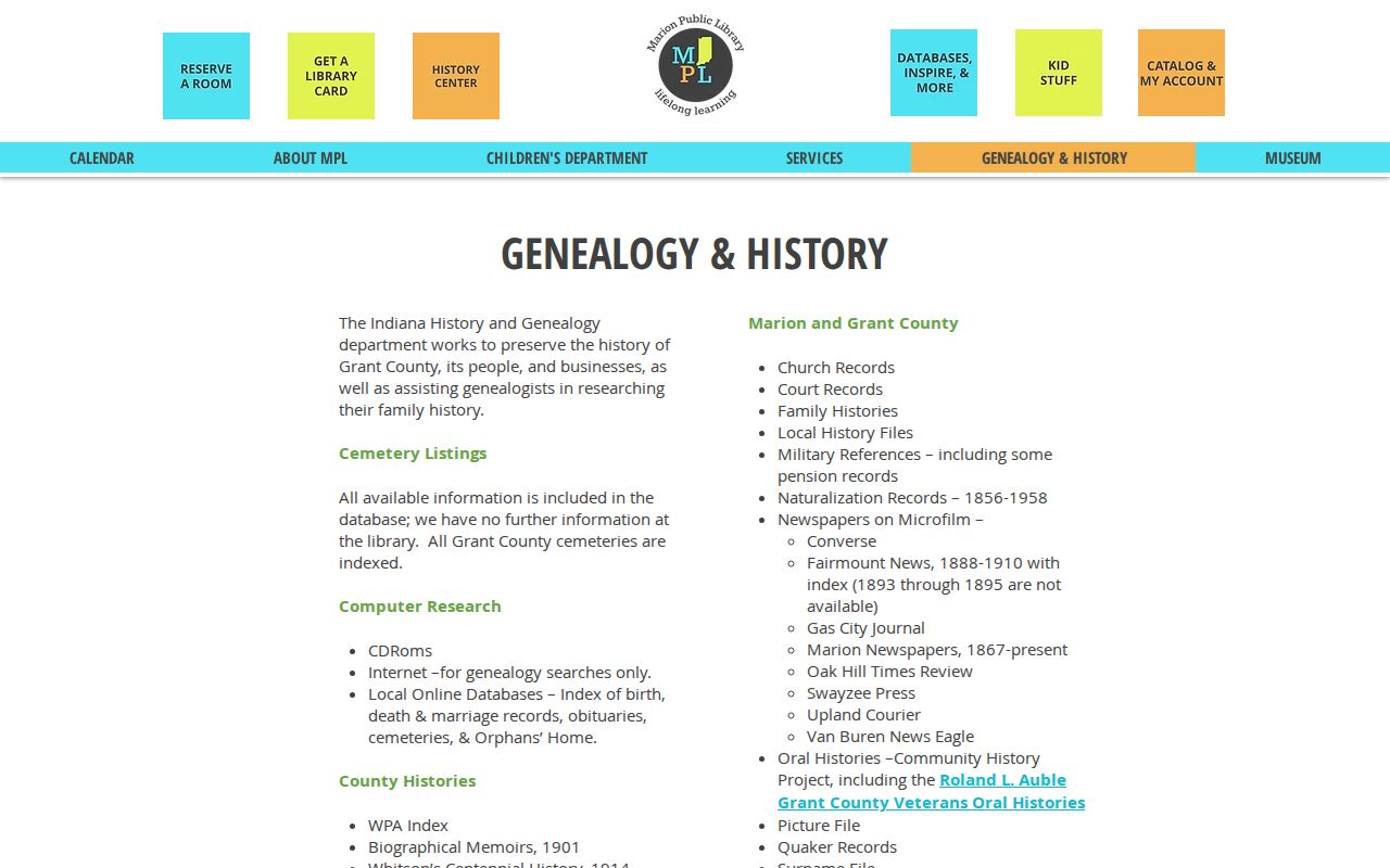 Marion Public Library local history page for city directory research
